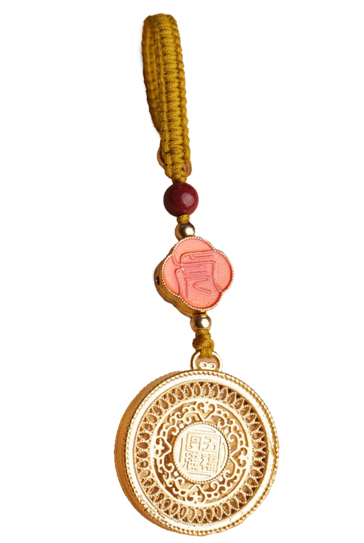 The back of the 12 Zodiac Lucky Charm Pendant, featuring intricate golden engraving with auspicious Chinese symbols, a faux cinnabar bead, and a hand-braided cord. A meaningful talisman combining elegance and cultural significance.