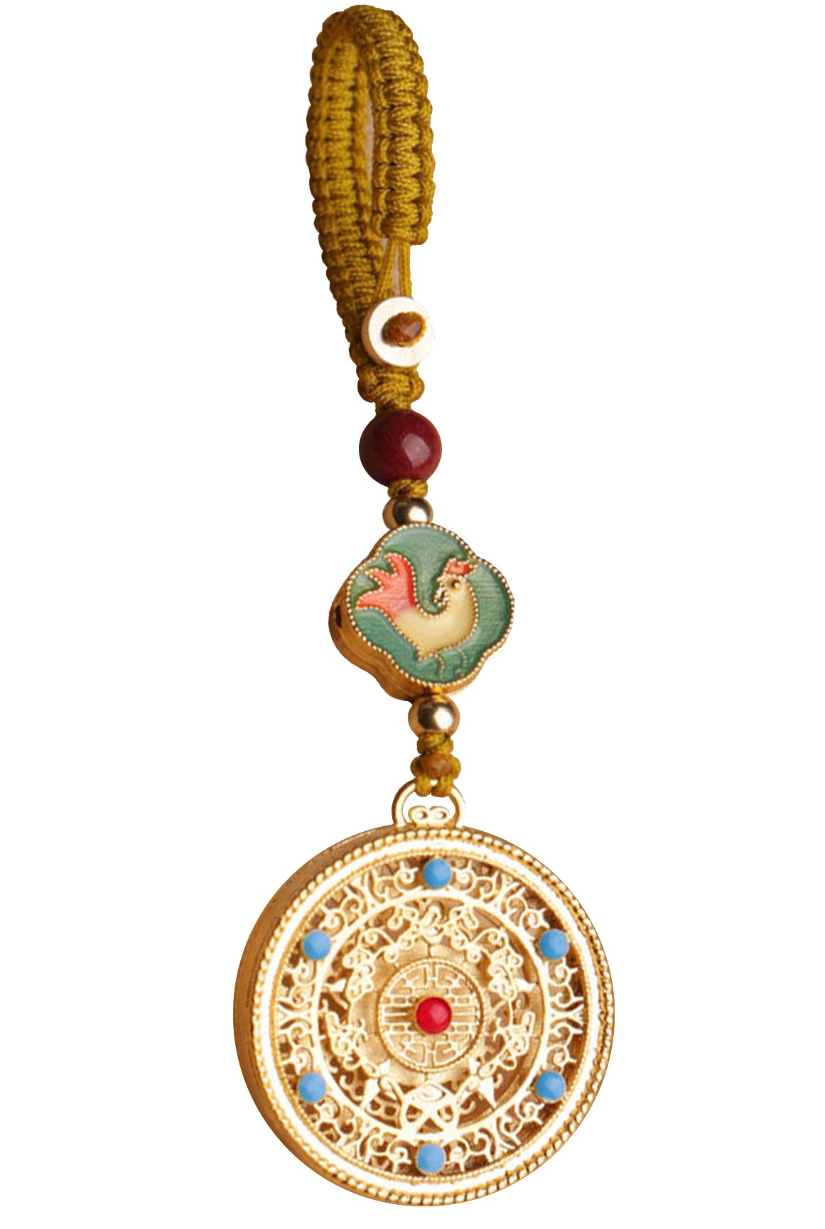 A 12 Zodiac Lucky Charm Pendant featuring a detailed rooster zodiac symbol, golden spinning disk with blue accents, a faux cinnabar bead, and a hand-braided cord. A beautifully crafted talisman for luck and prosperity.