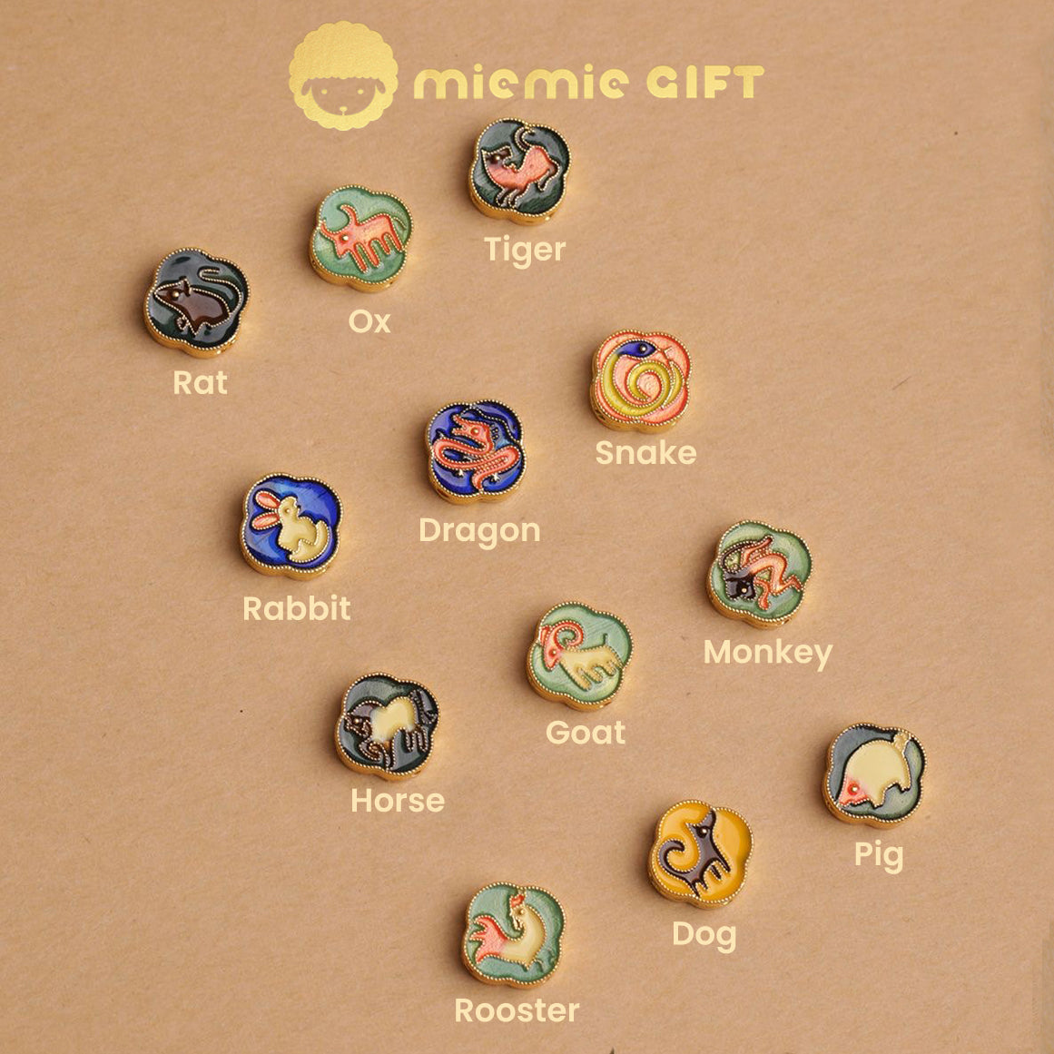 A collection of 12 Zodiac symbols displayed on colorful alloy charms, each representing one of the Chinese zodiac animals: Rat, Ox, Tiger, Rabbit, Dragon, Snake, Horse, Goat, Monkey, Rooster, Dog, and Pig. Perfect for creating personalized lucky pendants.