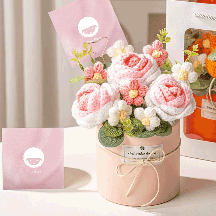 Hand-knitted flower Collection A bouquet of hand-knitted pink rose a gift of warmth and creativity showcased in a pink bucket and gift card