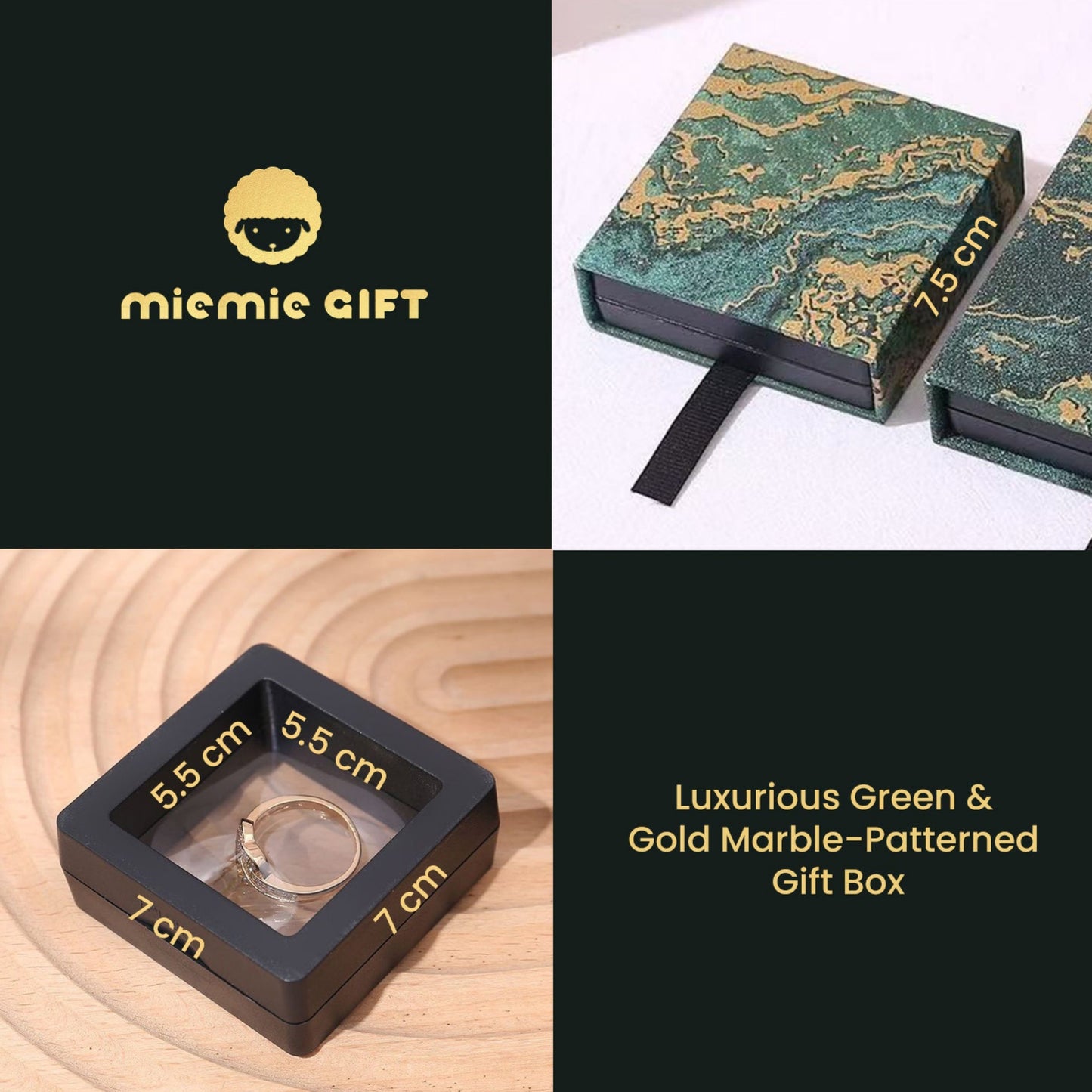 Elegant gift box with green and gold marble texture, featuring a pull-tab drawer design from MieMie Gift, perfect for premium keepsakes.