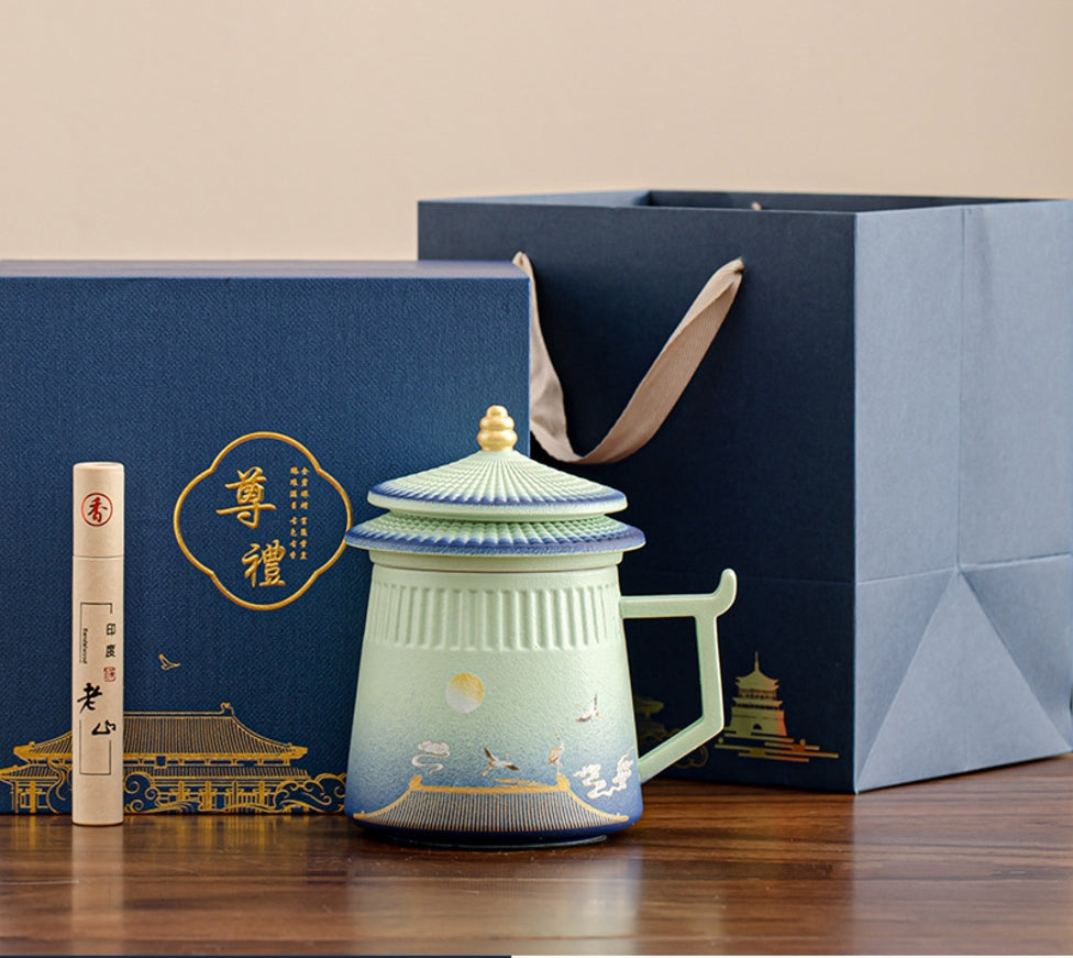 Experience tranquility and elegance with our Chinese Ceramic Tea Cup with Lid and Incense Stick. Crafted from high-quality ceramic, this beautifully designed with forbidden city building structure tea cup enhances your tea-drinking experience while keeping your beverage warm. The accompanying incense stick adds a soothing aroma, creating the perfect atmosphere for relaxation and mindfulness.