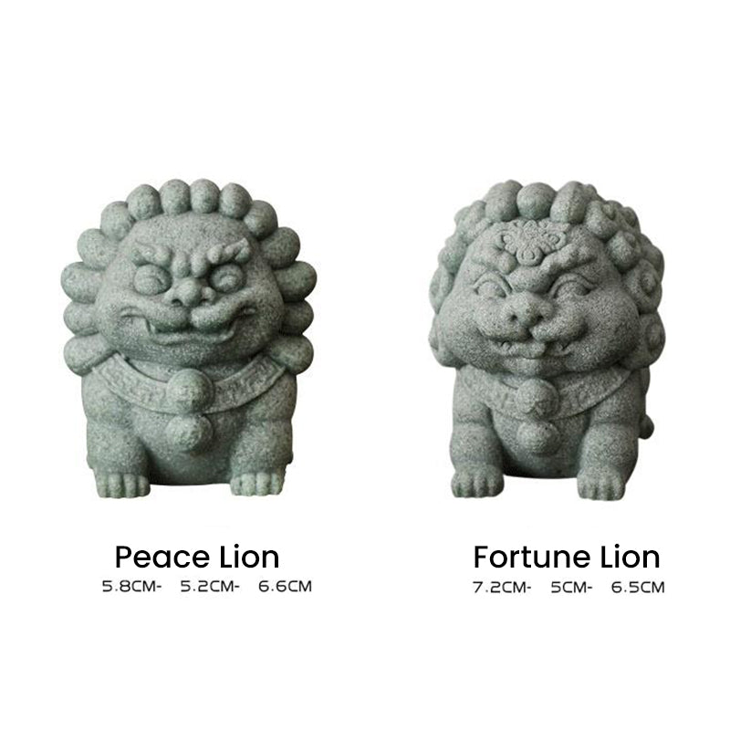 Comparison image of the Peace Lion (5.8CM × 5.2CM × 6.6CM) and the Fortune Lion (7.2CM × 5CM × 6.5CM), crafted from green sandstone, symbolizing protection and prosperity.