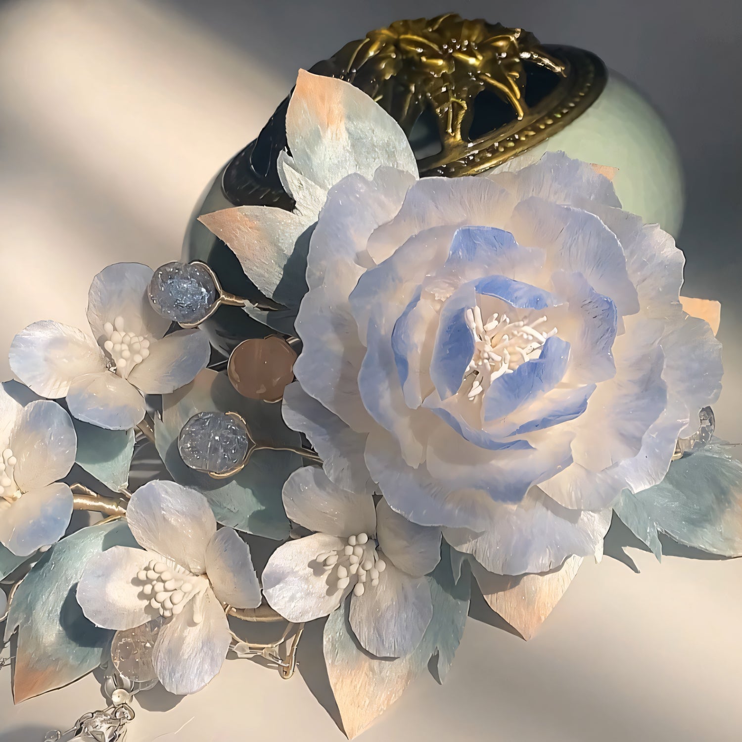 Handcrafted blue and white peony with delicate petals and floral arrangement, inspired by traditional Chinese velvet flower art.