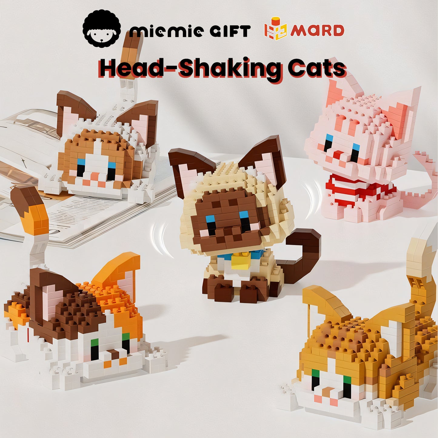 Cat Brick Family Series featuring 9 head-shaking cat designs, including Orange Cat, Ragdoll, and Black Cat. A creative DIY toy set for cat lovers, showcasing adorable sitting and lying poses with dynamic head movements. Perfect for gifting or personal collection.