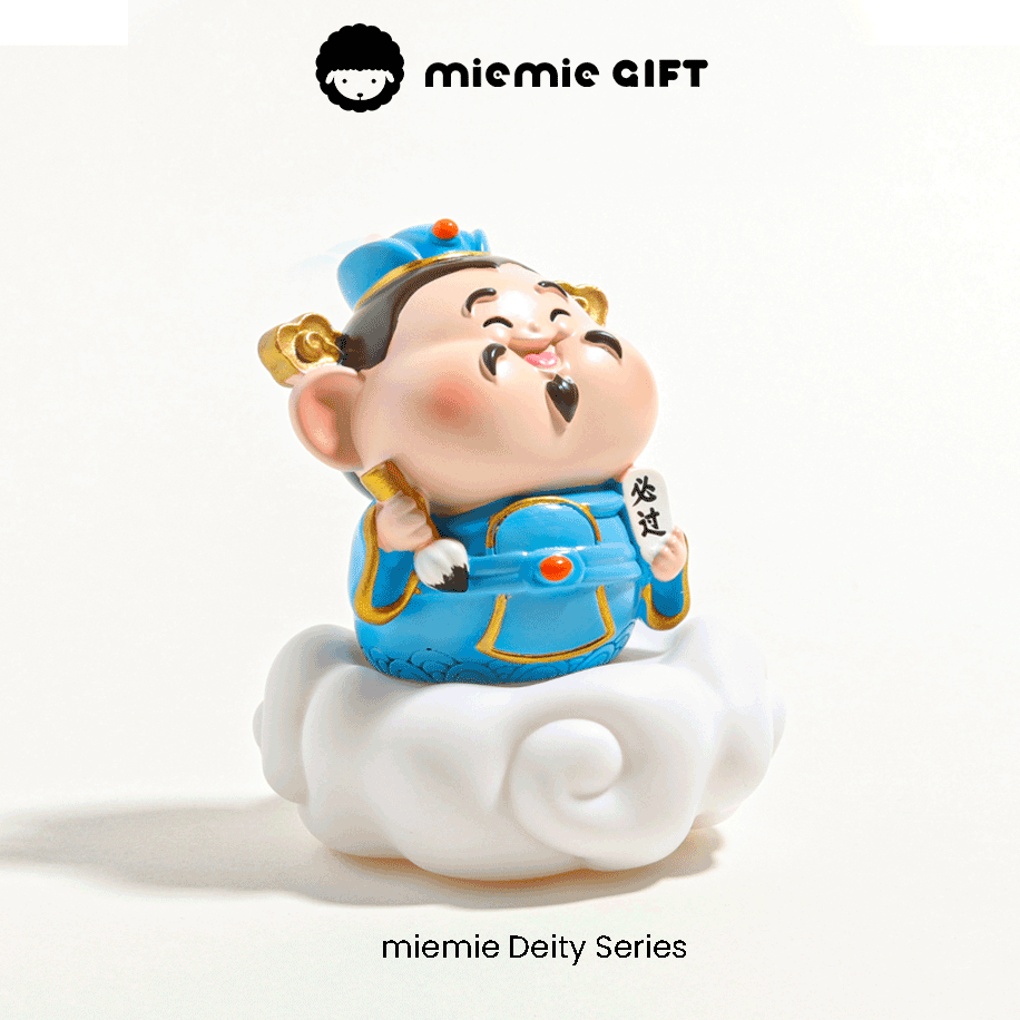 Miemie Gift Deity Series: A vibrant mini figurine of Wenquxing, the Chinese god of literature and exams, dressed in a blue and gold robe, symbolizing success and wisdom