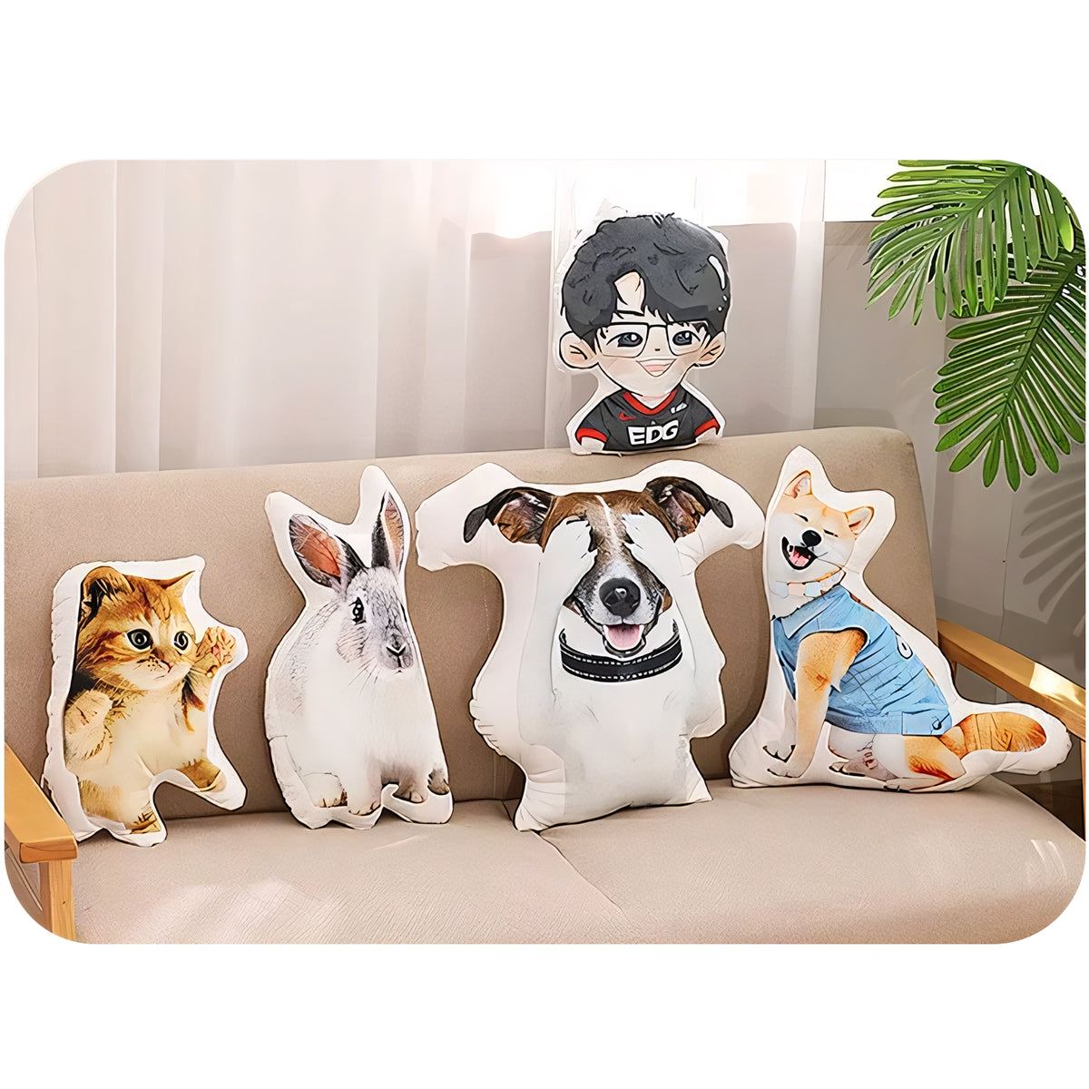 Custom animal pillows featuring a playful dog, a cute bunny, a kitten, and a cartoon character on a sofa, highlighting versatility in design.

