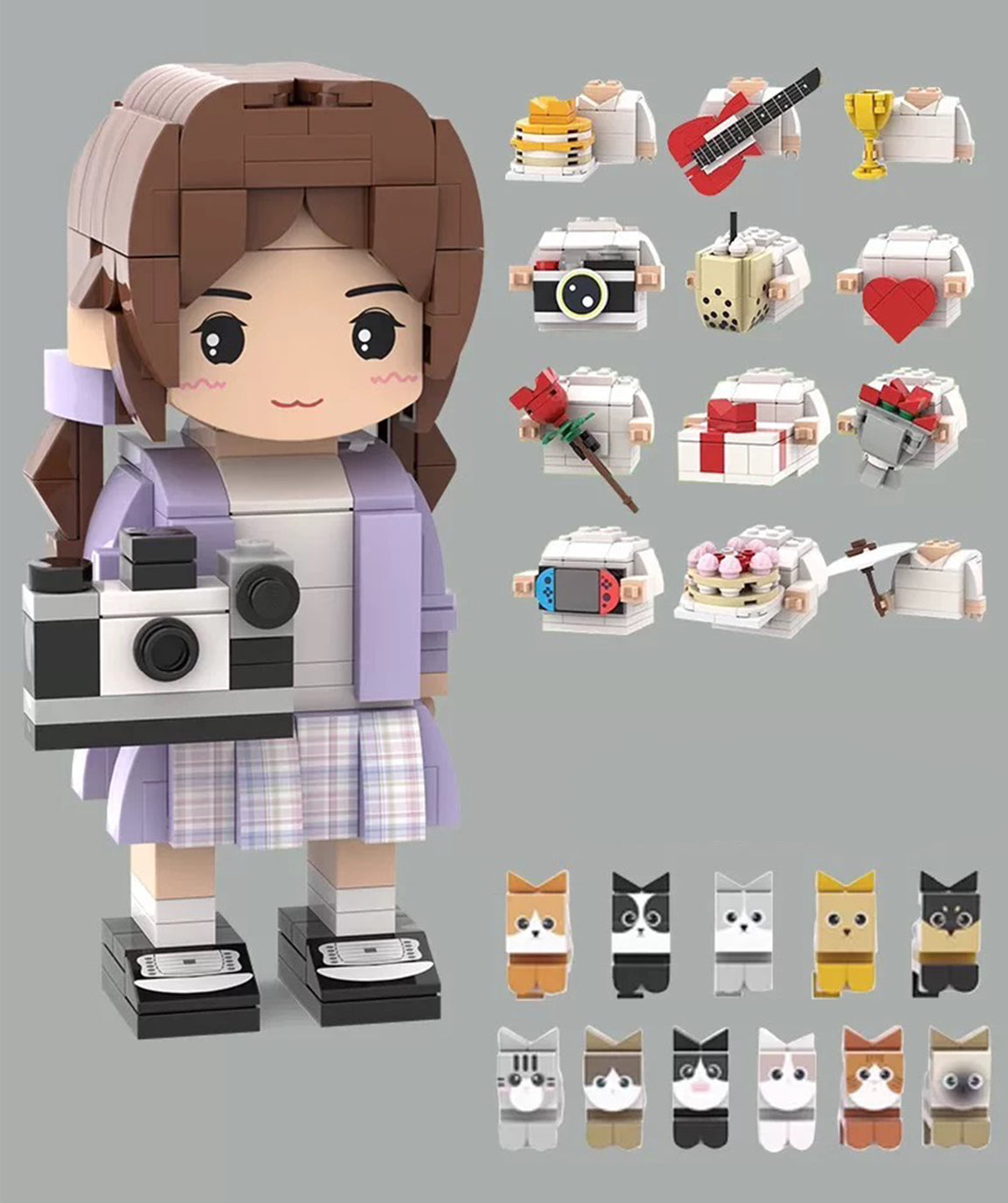 Custom brick figurine with a variety of accessory options, including cameras, musical instruments, flowers, gifts, and mini pet figurines for personalization.