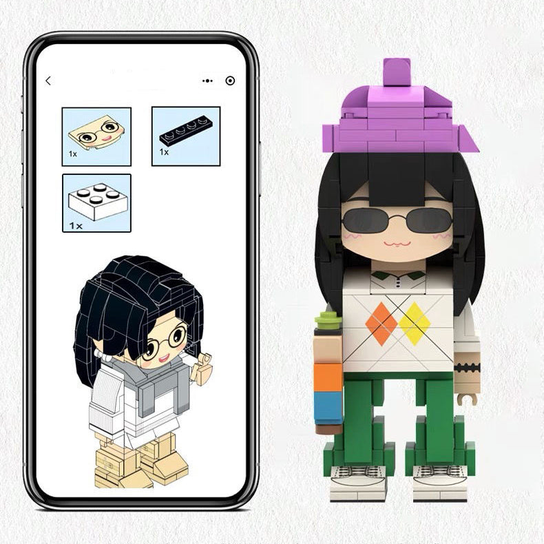 Custom brick figurine shown with detailed assembly instructions displayed on a smartphone screen, highlighting step-by-step guidance and final design.