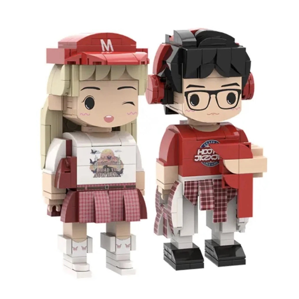 Custom brick figurines of a couple in red-themed outfits, featuring detailed accessories like a cap, headphones, and matching plaid elements.