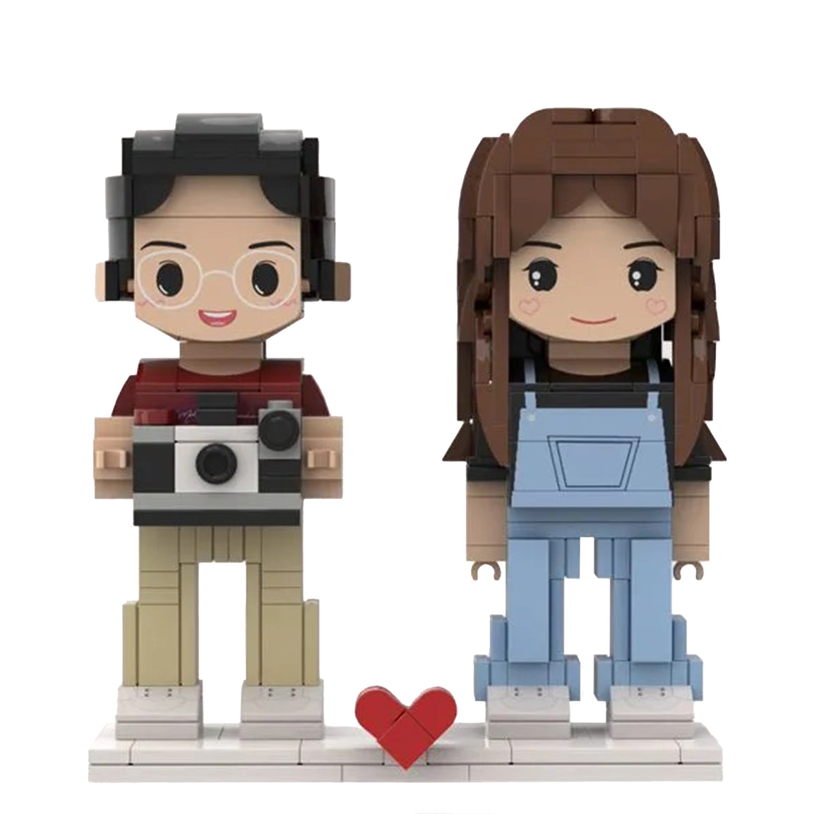 Custom brick figurines of a couple featuring a camera accessory and a heart symbol, showcasing a personalized and romantic design.