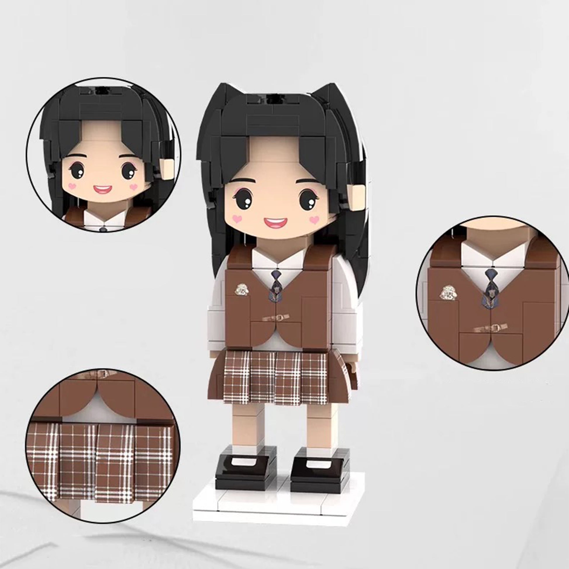 Detailed view of a custom brick figurine showcasing close-up features like hand-drawn face, plaid skirt, and personalized outfit accessories.