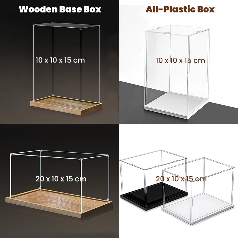 Display case options for custom brick figurines, featuring wooden base and all-plastic designs, available in dimensions 10x10x15 cm and 20x10x15 cm.