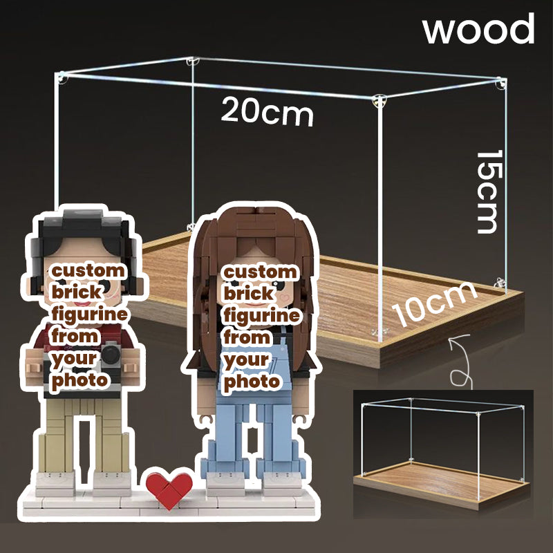 Wooden display case for custom brick figurines, featuring dimensions of 20cm x 10cm x 15cm, perfect for showcasing personalized creations.