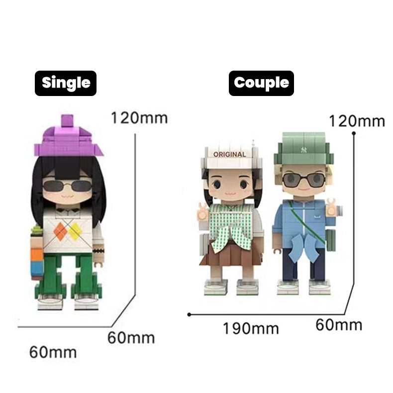 Comparison of single and couple custom brick figurines with dimensions: single figurine 120mm height, 60mm width, and couple figurine 190mm combined width and 120mm height.