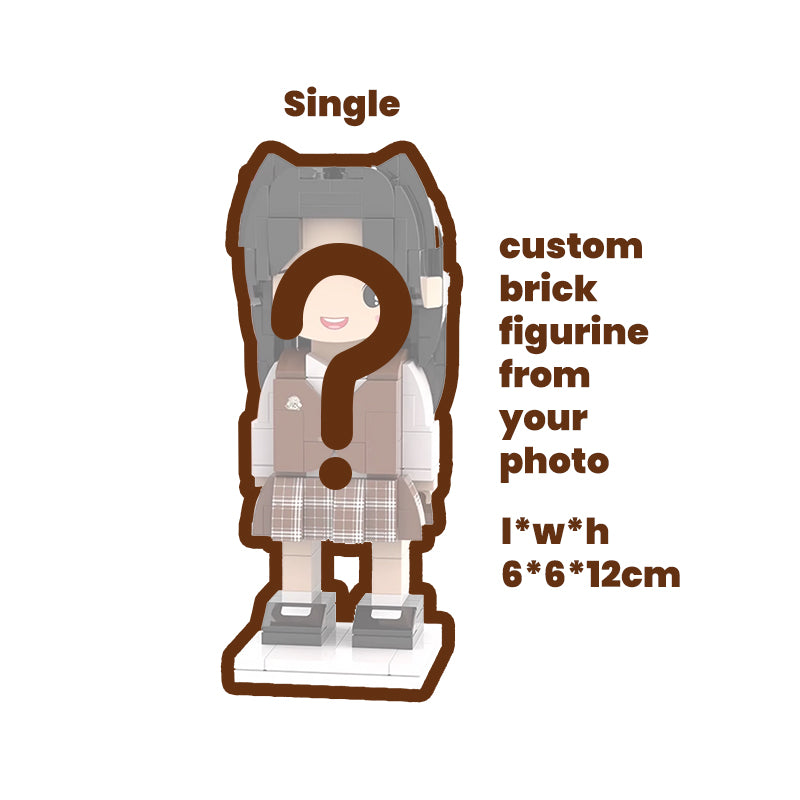 Single custom brick figurine created from your photo, with dimensions 6cm x 6cm x 12cm, showcasing a unique and personalized design.