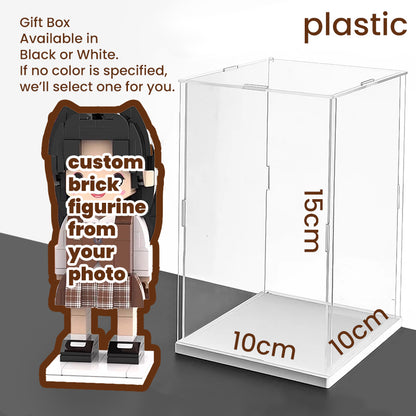 Plastic display case for a single custom brick figurine, available in black or white base, with dimensions 10cm x 10cm x 15cm for a sleek and protective presentation.