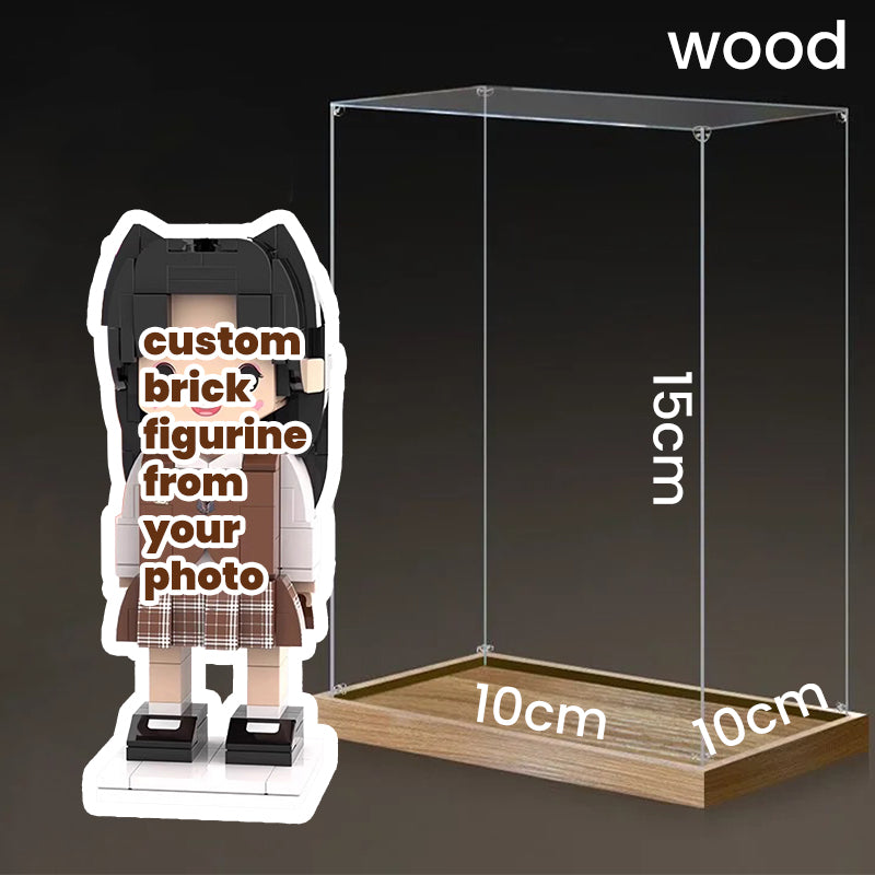 Wooden display case for a single custom brick figurine, featuring dimensions 10cm x 10cm x 15cm, offering a stylish and durable presentation.