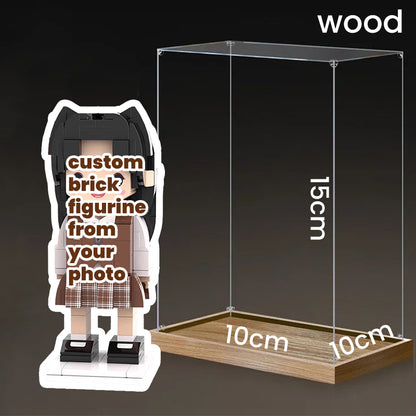 Wooden display case for a single custom brick figurine, featuring dimensions 10cm x 10cm x 15cm, offering a stylish and durable presentation.