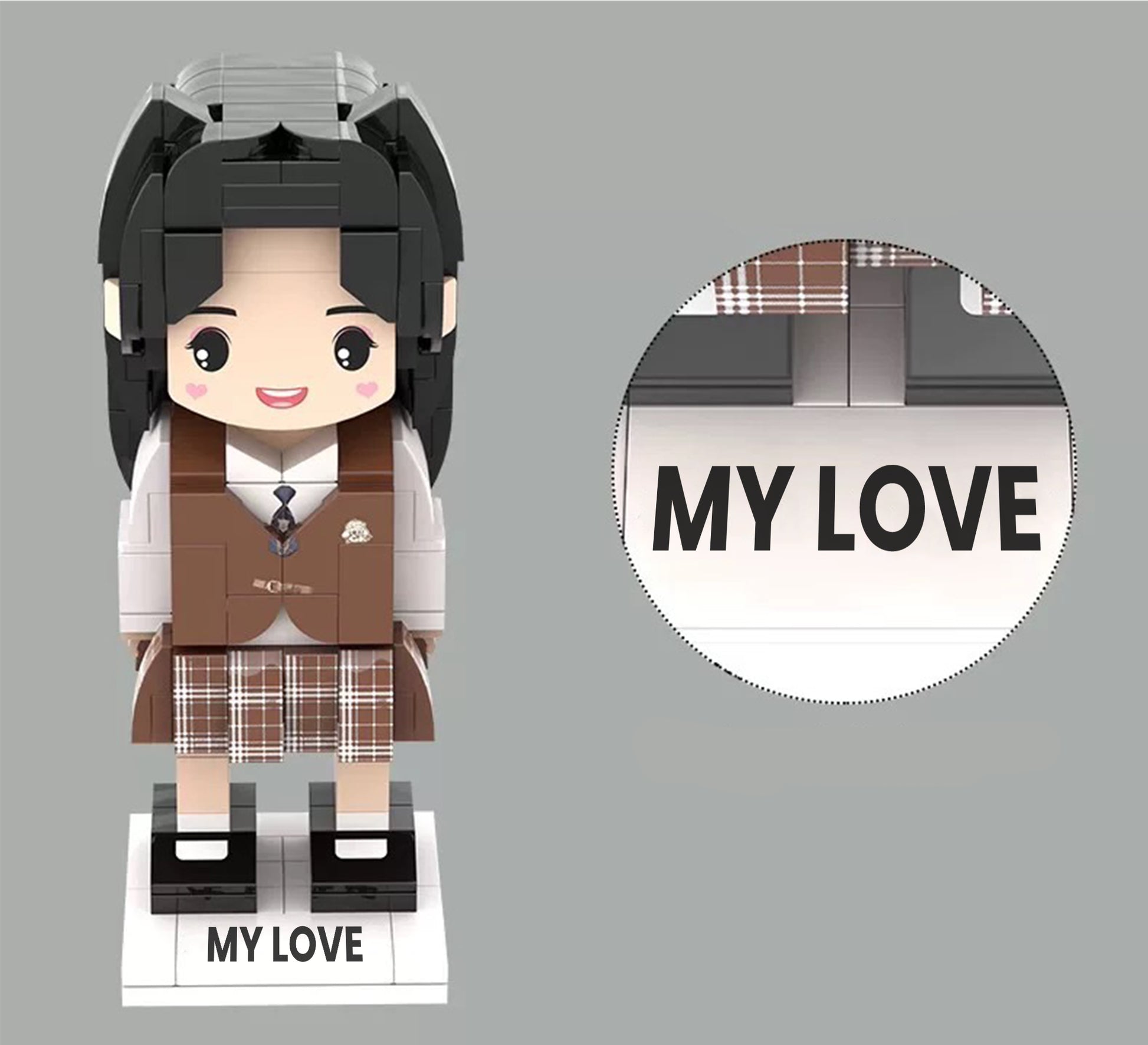 Custom brick figurine featuring a personalized base with the engraving 'MY LOVE,' showcasing the option for customized text.