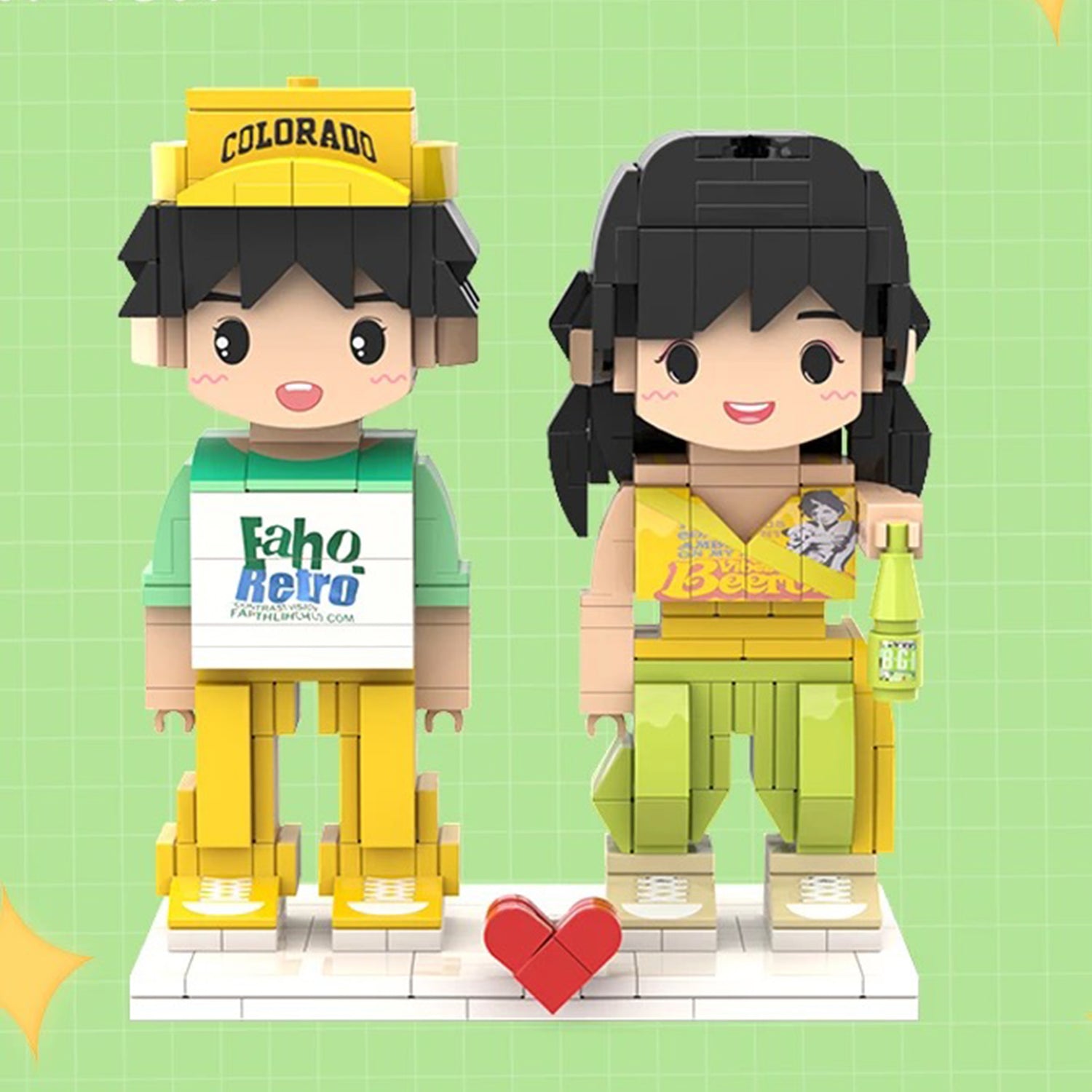 Custom brick figurines of a couple in casual outfits, featuring detailed accessories and a heart symbol, perfect for personalized gifts.