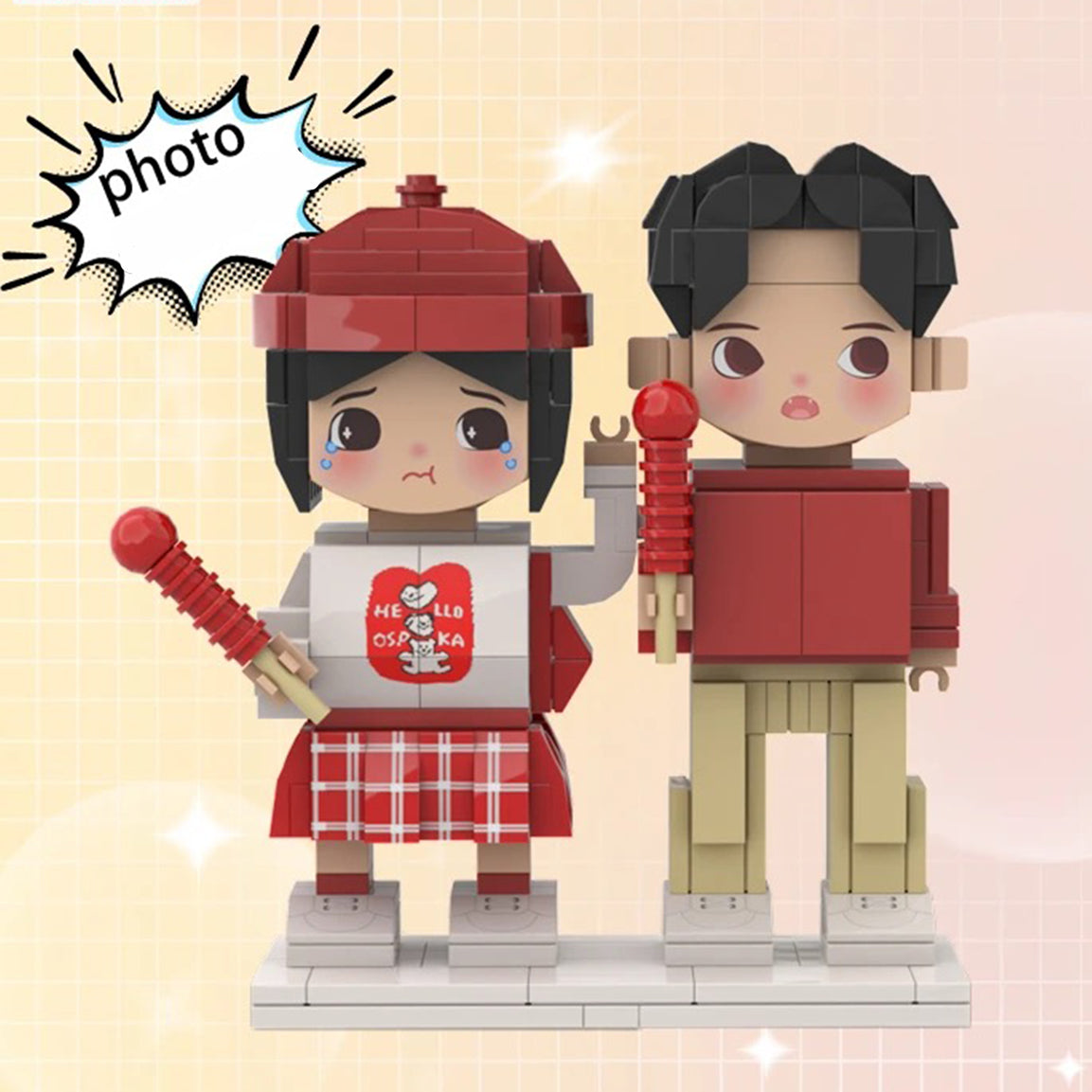 Custom brick figurines of a couple in red-themed outfits, showcasing emotional expressions and detailed accessories for a personalized touch.