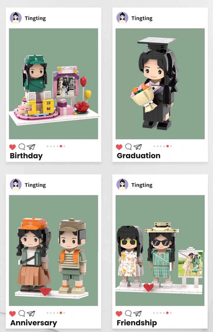 Custom brick figurines designed for various occasions such as birthdays, graduations, anniversaries, and friendship celebrations, with personalized details.