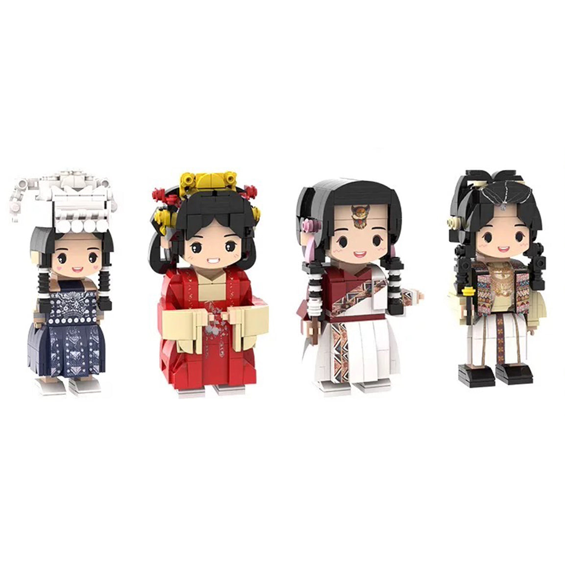 Collection of custom brick figurines dressed in traditional outfits with intricate designs, showcasing cultural diversity and detailed craftsmanship.