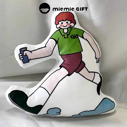 Custom pillow featuring a cartoon boy running with a drink, highlighting creative and playful design options.

