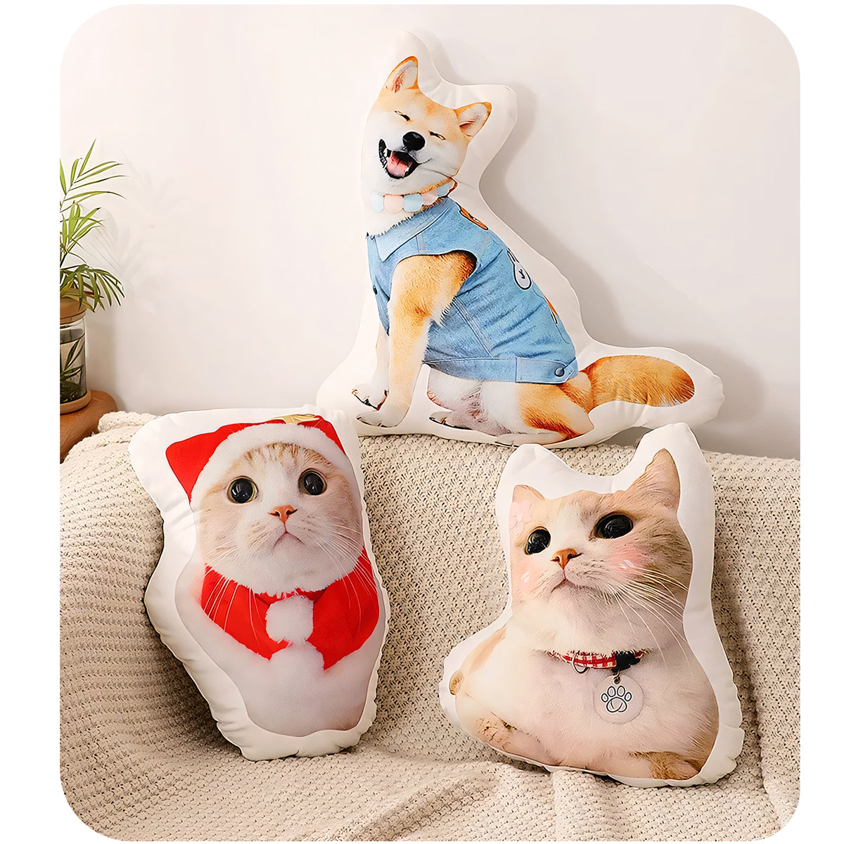 Three custom photo pillows featuring a Shiba Inu dog in a denim outfit and two cats, one in a Santa costume, capturing their adorable expressions.

