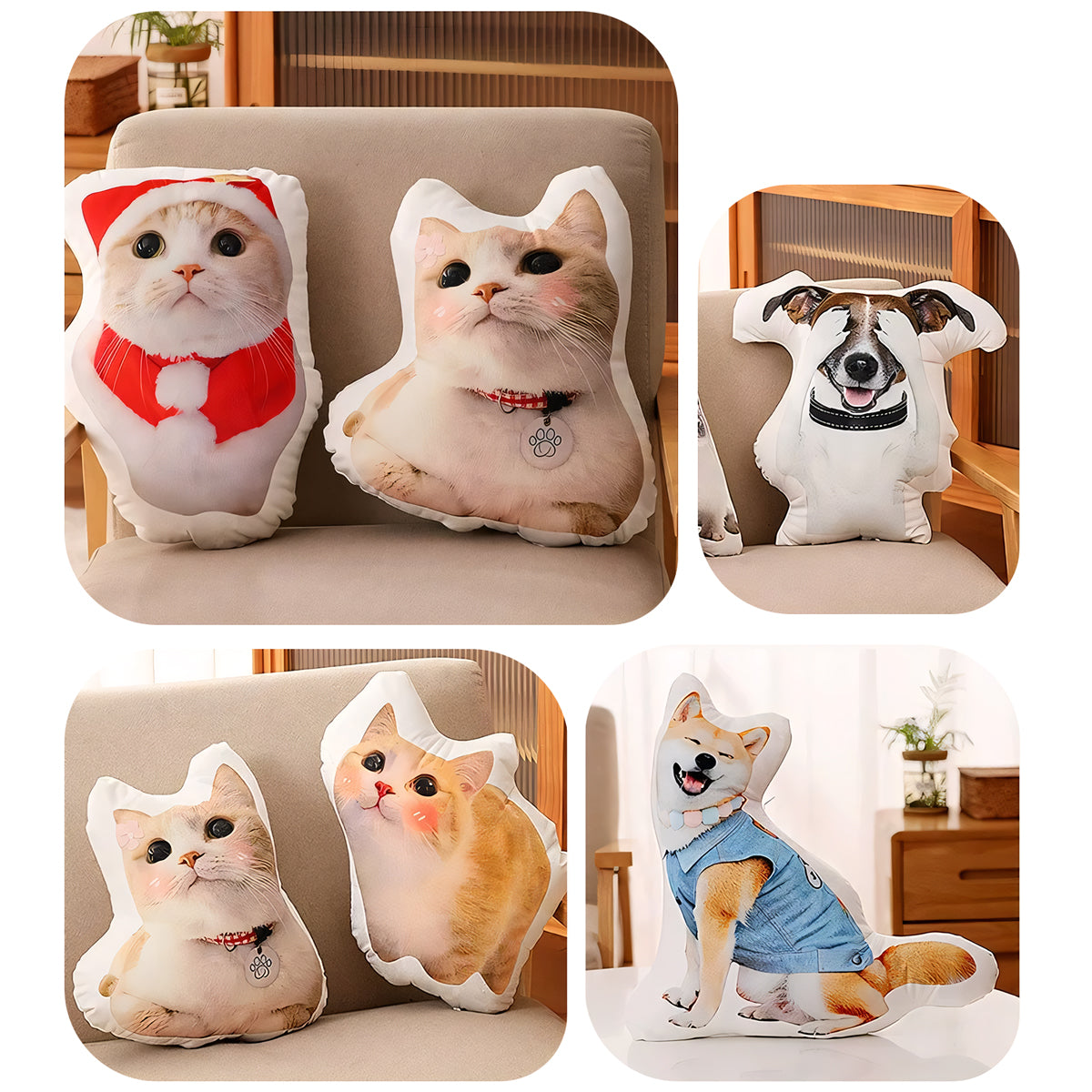 Close-up of custom pillows featuring cats in a Santa costume and a collar, along with a playful dog pillow, highlighting cute and detailed craftsmanship.

