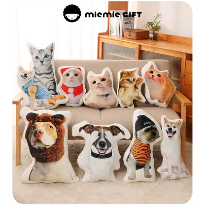 A collection of custom pet photo pillows featuring adorable dogs, cats, and other pets on a cozy sofa, showcasing personalized and lifelike designs.

