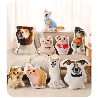 Custom photo pillows of various pets, including cats, dogs, and a bunny, showcasing lifelike and unique designs for every pet owner.

