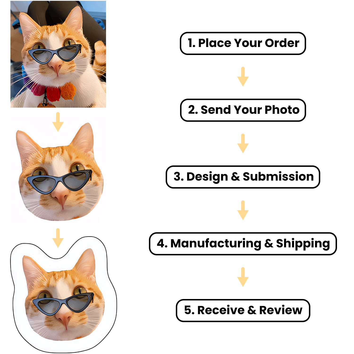 Step-by-step process for creating a custom pillow from a cat photo, showing design, manufacturing, and the final product.