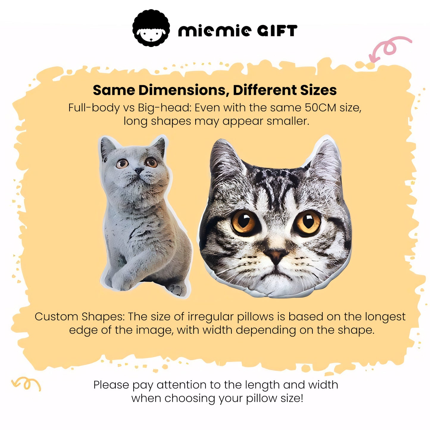 Comparison of full-body and big-head custom pillows for cats, illustrating differences in size and shape.