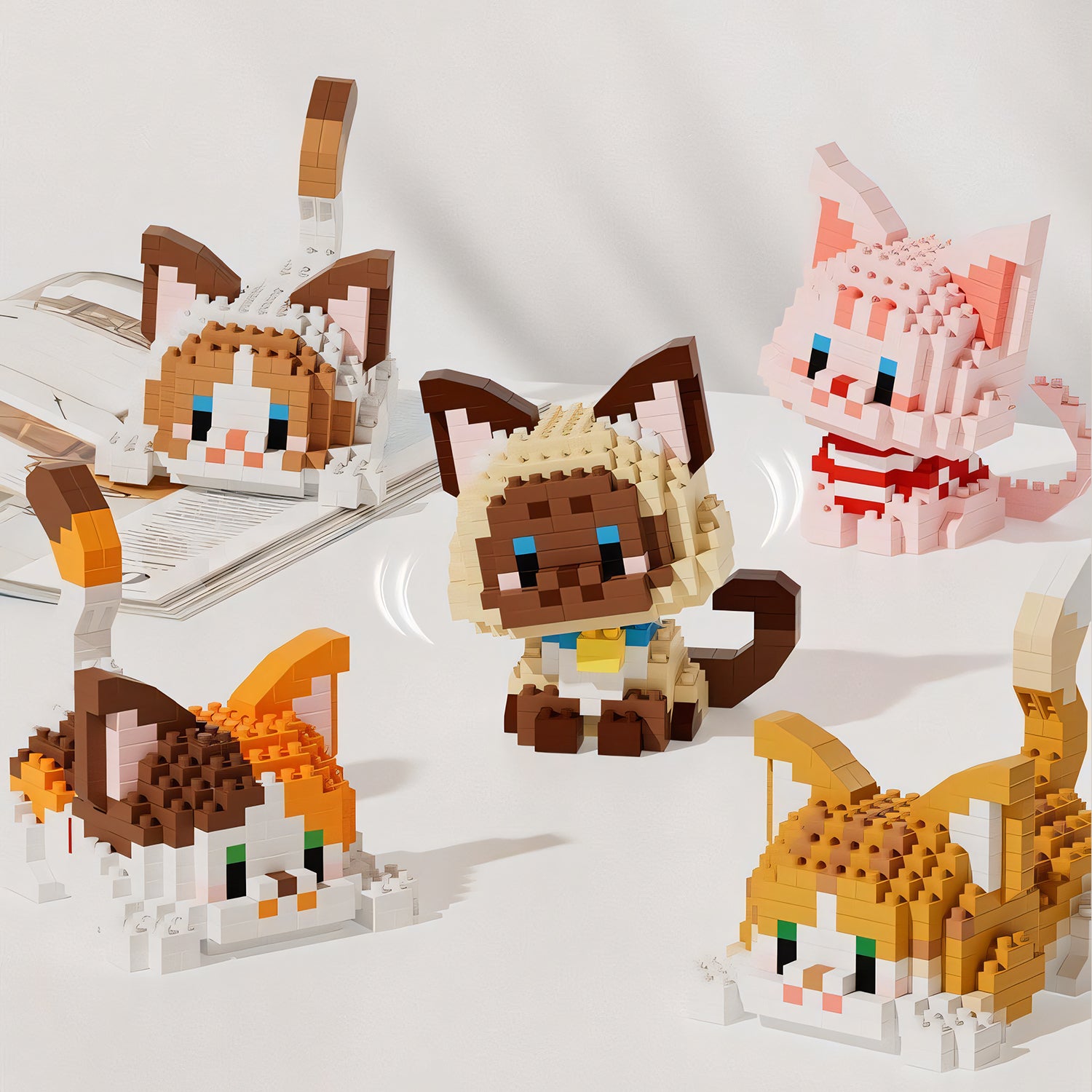 Collection of pixelated cat-shaped building block toys in various poses and colors, combining creativity and playfulness for cat lovers and hobbyists.