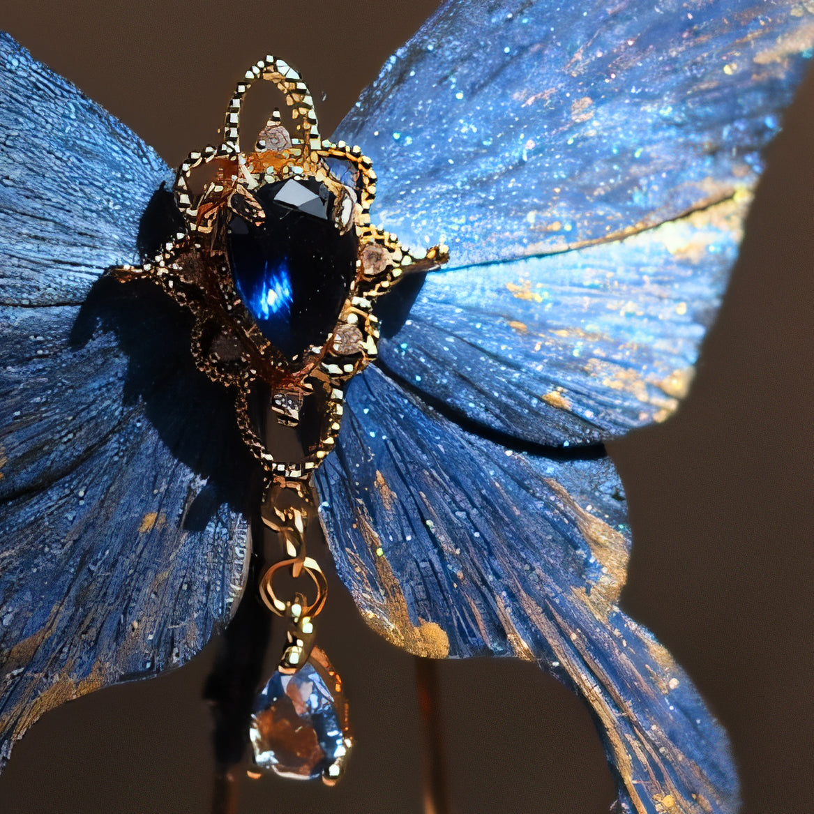 Close-up of a handcrafted deep ocean blue velvet butterfly hairpin by Chujiu Mountain Atelier, showcasing intricate golden accents, a teardrop-shaped blue crystal centerpiece, and delicate textures inspired by the beauty of the sea.