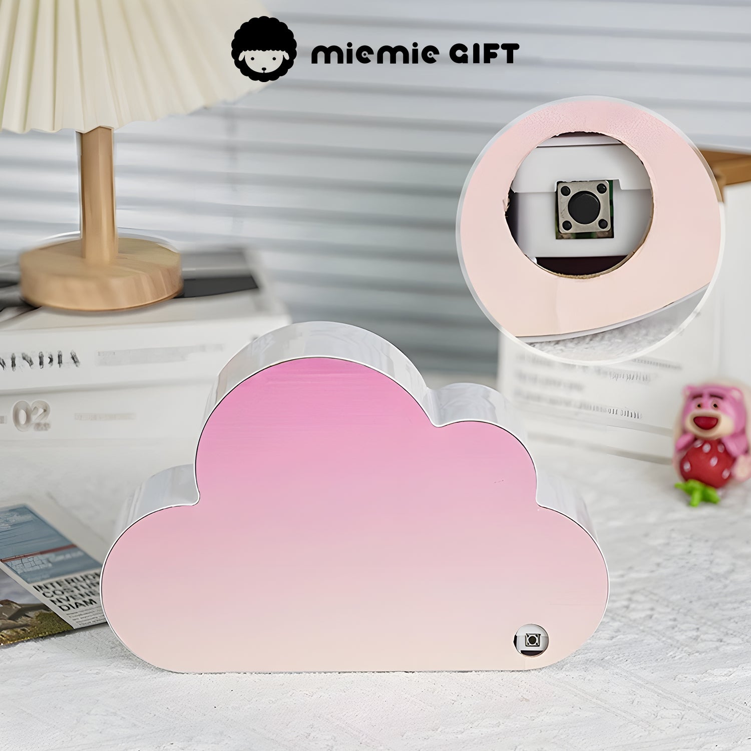 The back view of the DIY cloud castle nightlight with a gradient pink finish and a close-up of the light switch button.