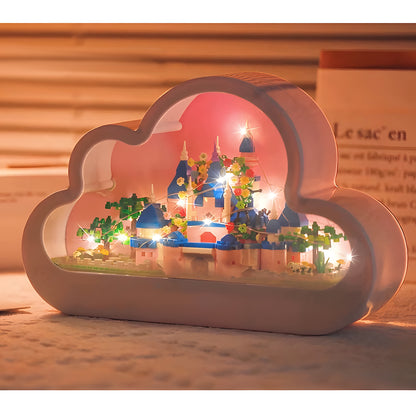 The DIY cloud castle nightlight glowing warmly, highlighting the intricate castle design and creating a cozy ambiance.