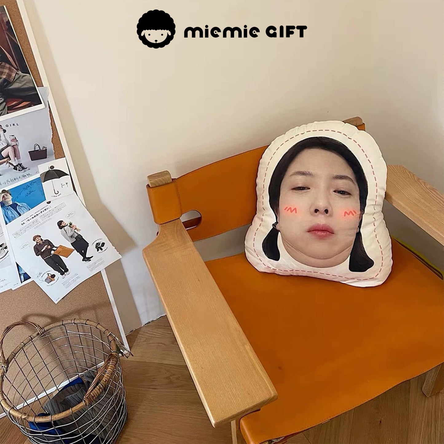 Custom pillow with a funny face design placed on a chair, showcasing personalized humor and creativity.