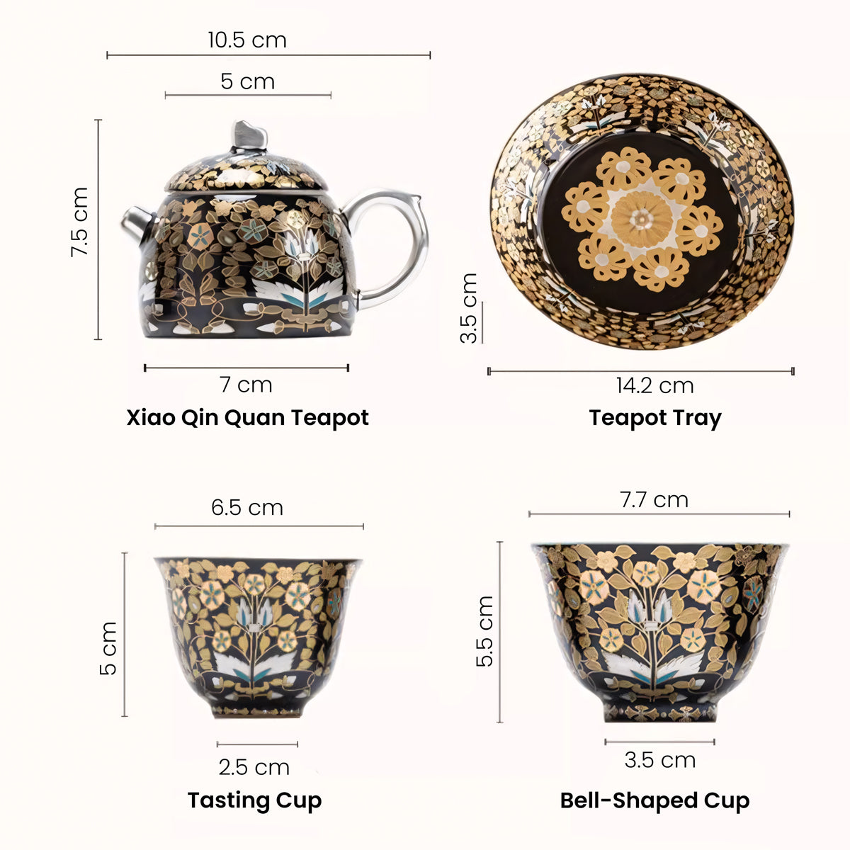 Dimension chart for the Golden Branches & Jade Leaves Gilded Silver Tea Set, detailing measurements for the Xiao Qin Quan Teapot, Teapot Tray, Tasting Cup, and Bell-Shaped Cup, showcasing its precise craftsmanship and design.