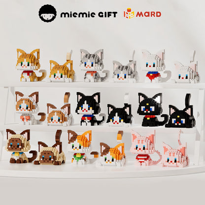 Nine adorable head-shaking cat brick toys featuring popular designs like Orange Cat, elegant Ragdoll, and mysterious Black Cat. Perfect DIY creative toys for cat lovers, showcasing sitting and lying poses with dynamic head movement.