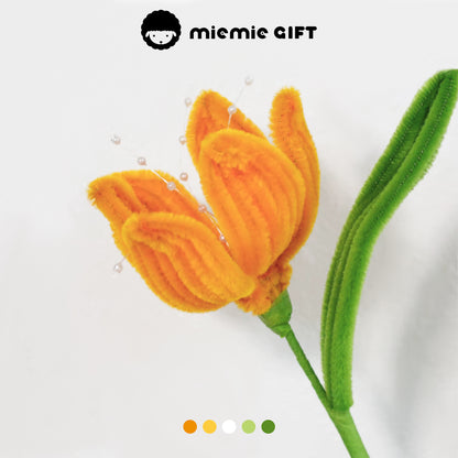 Handmade orange blooming tulip crafted with pipe cleaners by MieMie Gift, featuring delicate bead details and vibrant petals for DIY floral designs.

