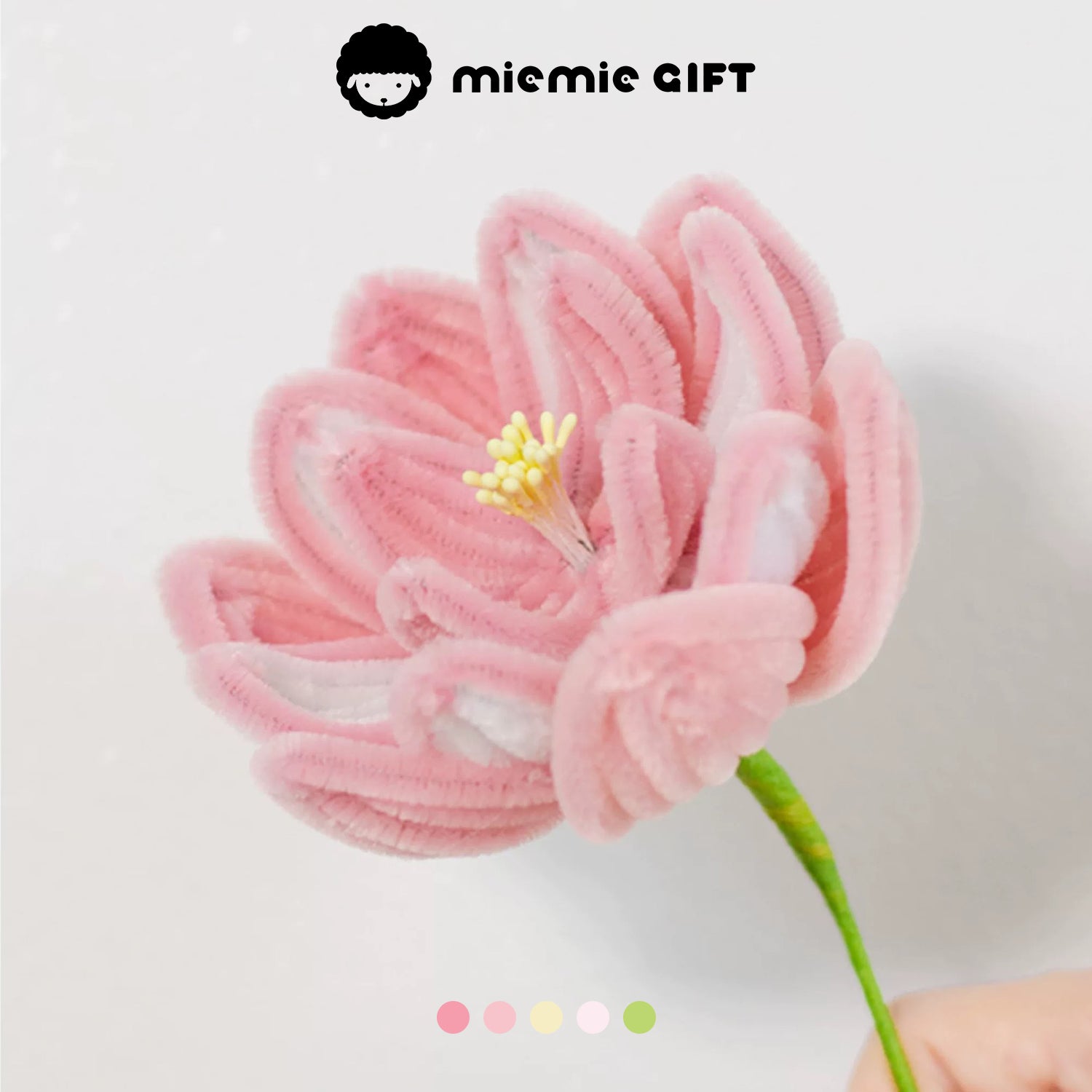 Handmade pink dahlia flower crafted with pipe cleaners by MieMie Gift, featuring layered petals and intricate details for DIY flower arrangements.