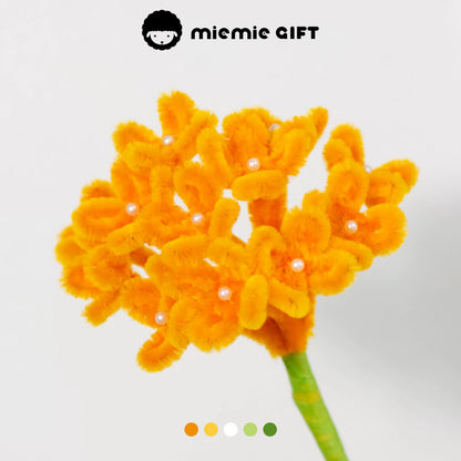 Bright orange handmade hydrangea cluster created with pipe cleaners by MieMie Gift, enhanced with bead accents for a vibrant and elegant DIY look.