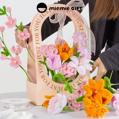 MieMie Gift DIY Flower Basket being arranged, featuring handmade pipe cleaner flowers in pink, orange, and white tones, perfect for a creative crafting experience.