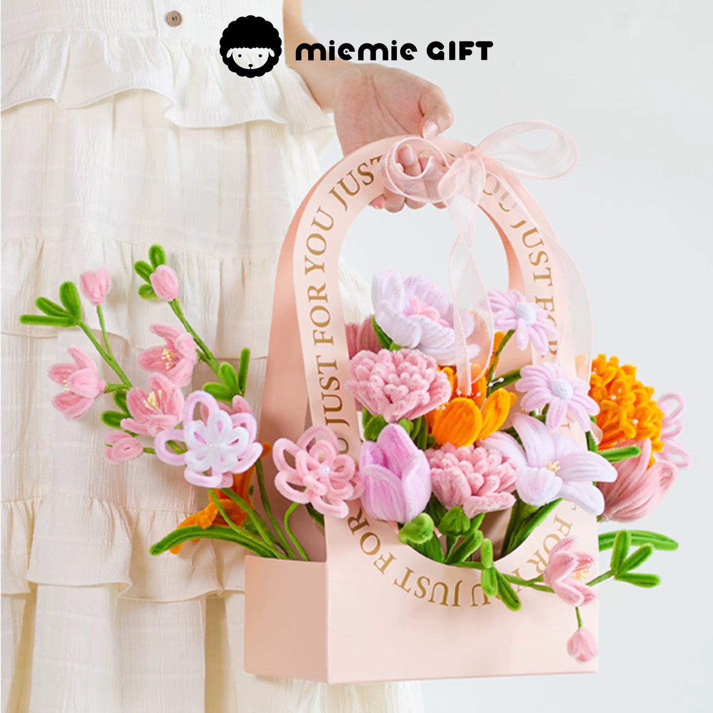 MieMie Gift DIY Flower Basket with soft pink and orange handmade pipe cleaner flowers, elegantly held, perfect for gifting or home decoration.