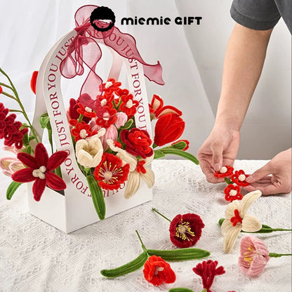 A red-themed MieMie Gift DIY Flower Basket being arranged with handmade pipe cleaner flowers, perfect for crafting and gifting.