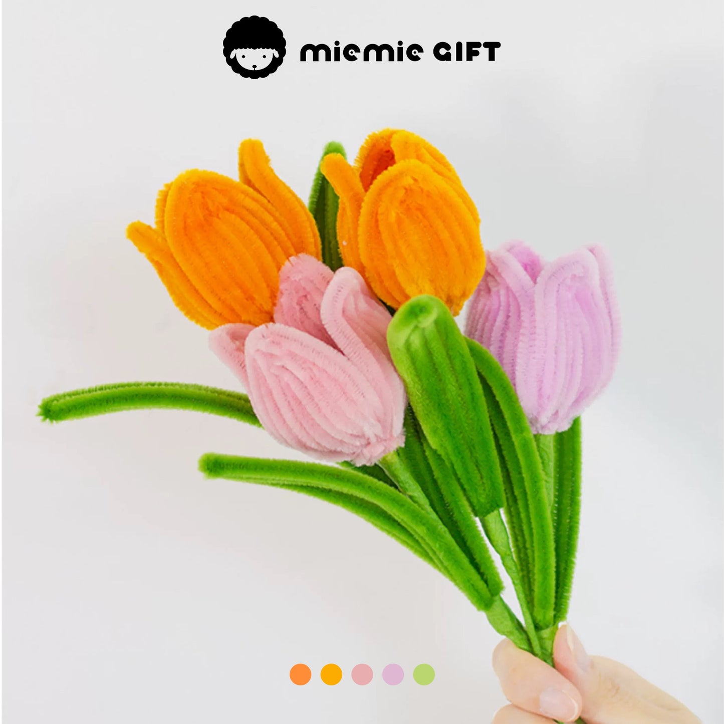 A bouquet of handmade tulips in vibrant orange, pink, and purple tones, made with pipe cleaners by MieMie Gift, perfect for creative crafts and gifts.