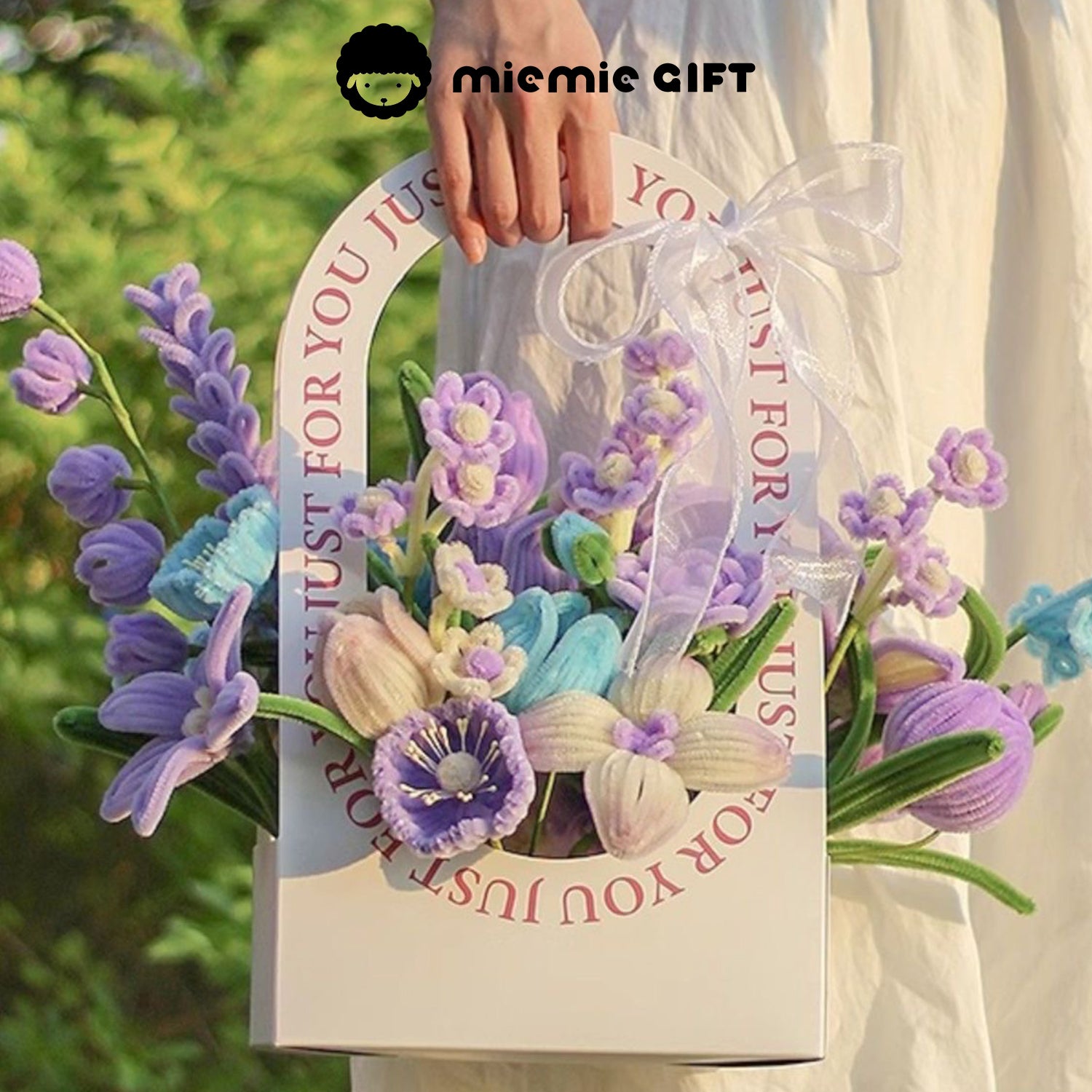 Dreamy Starlight Basket by MieMie Gift featuring whimsical purple and blue DIY pipe cleaner flowers, creating a romantic and dreamy handmade bouquet.